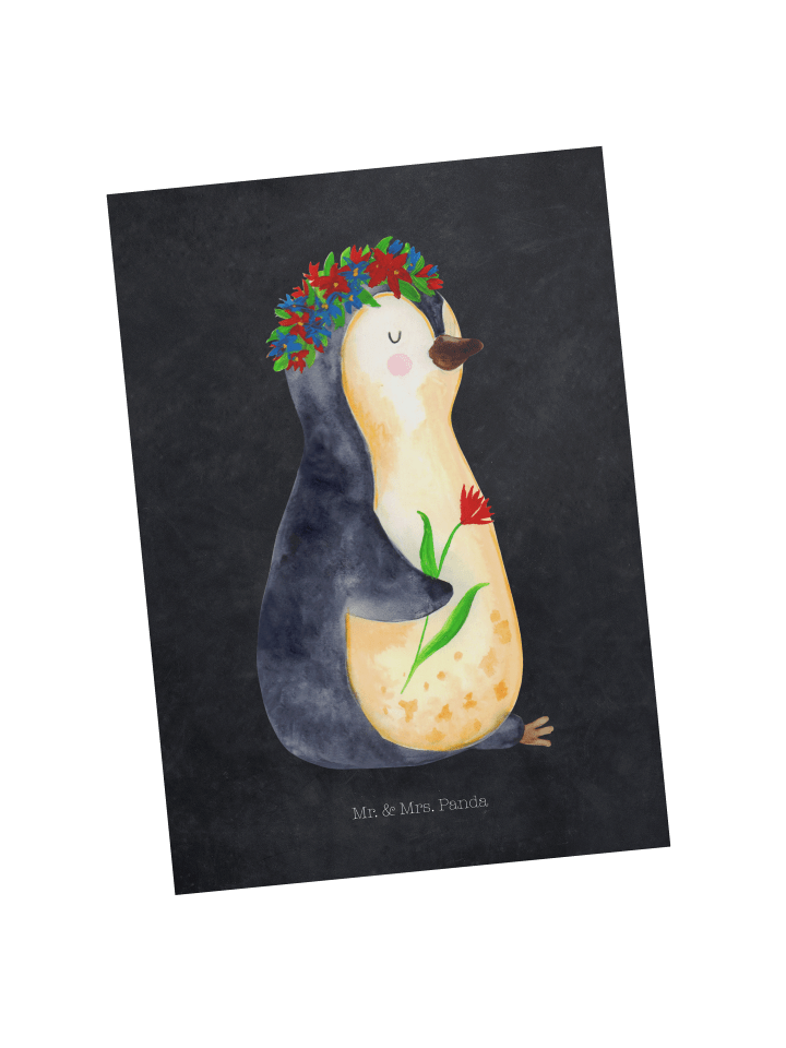 Postkarte Pinguin Blumen ohne Spruch in Kreidetafel