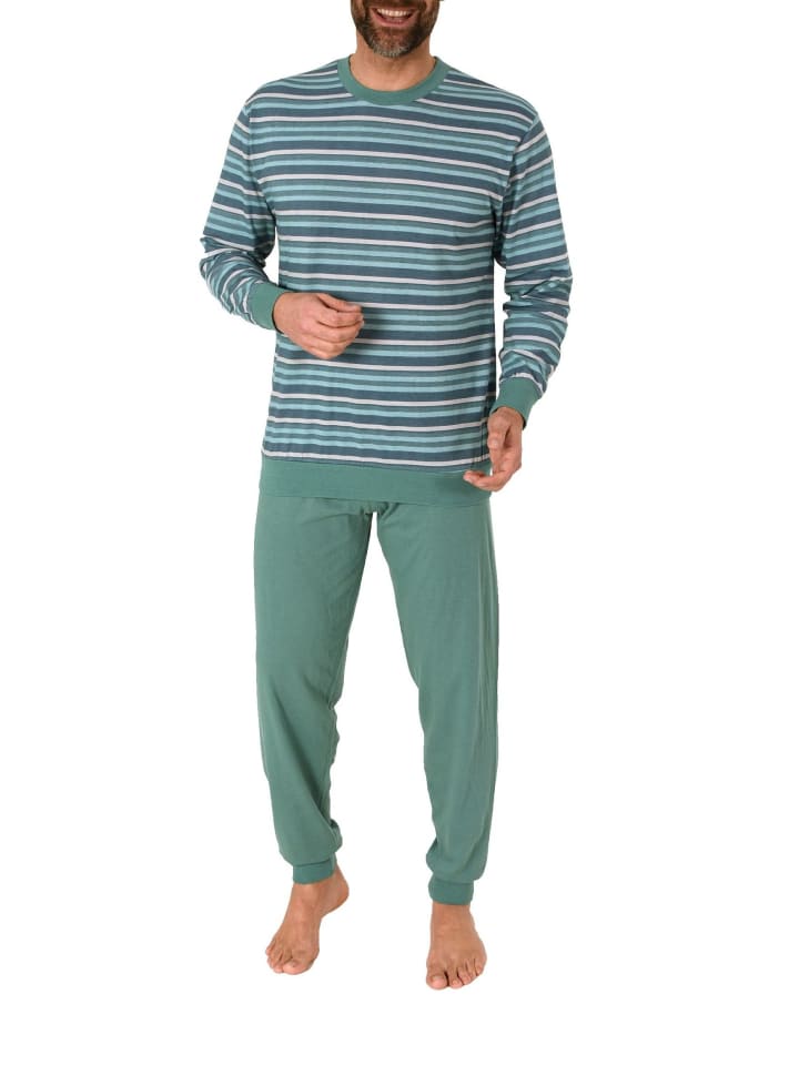 Langarm Schlafanzug Pyjama Bündchen Streifen - 86169 in blau