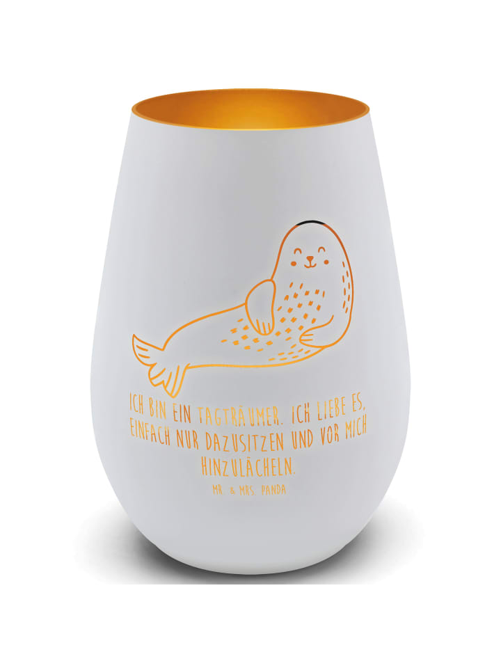 Windlicht Robbe Lachen mit Spruch in Weiß