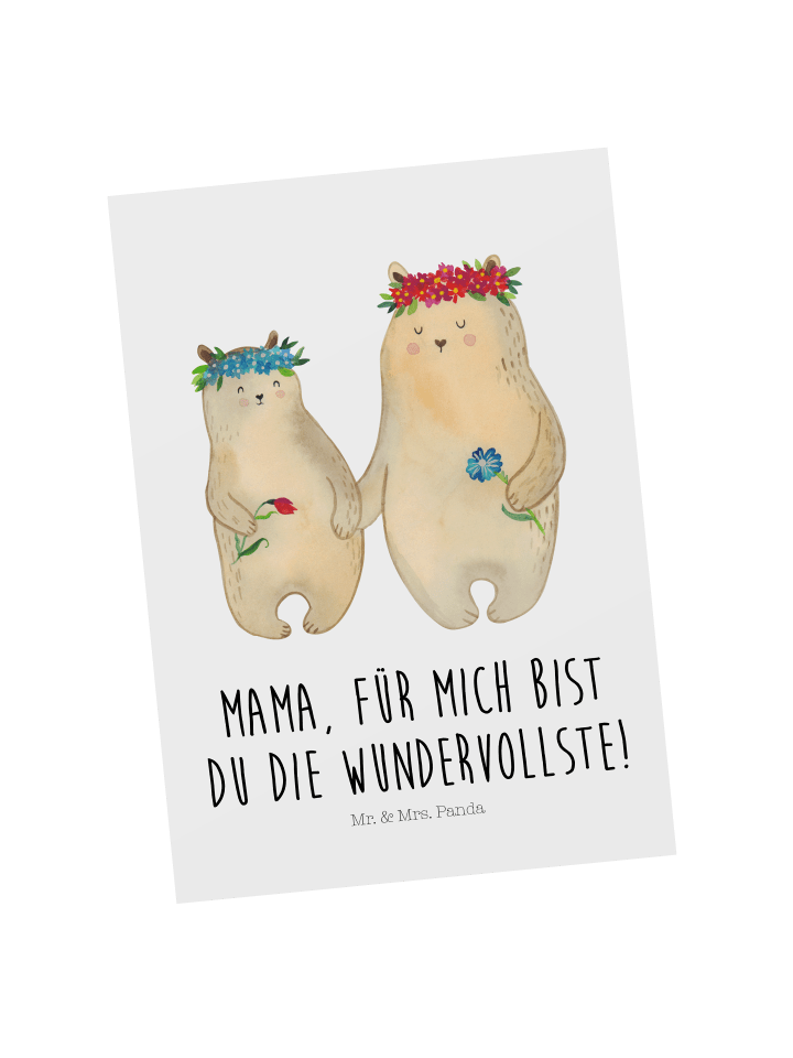 Postkarte Bären mit Blumenkranz mit Spruch in Weiß