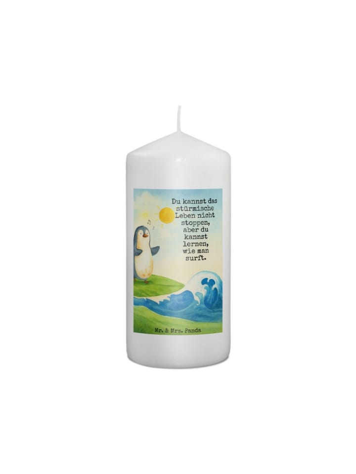 Kerze Pinguin Surfer Design mit Spruch in Weiß