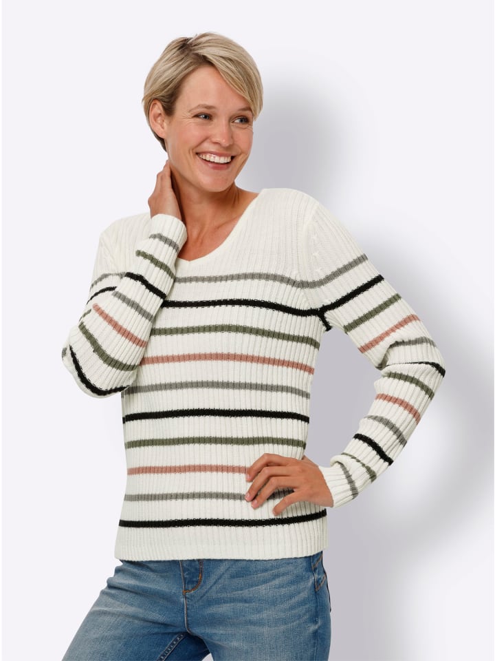V-Pullover in ecru-schwarz-geringelt