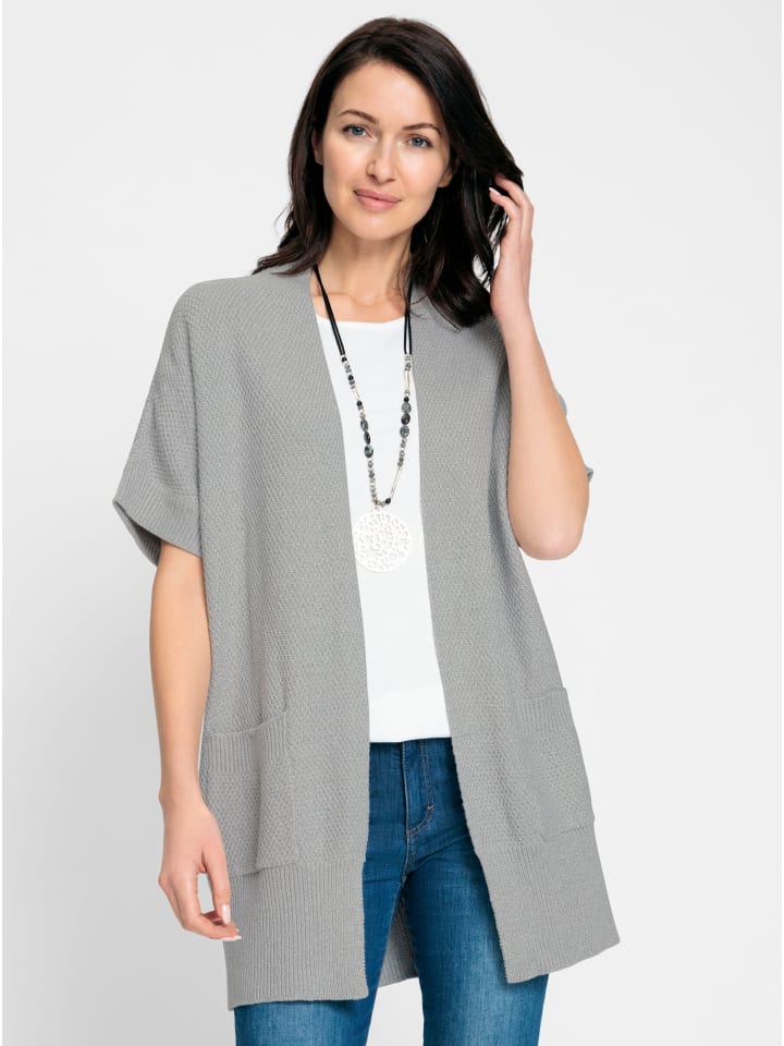 Long-Strickjacke in steingrau-meliert