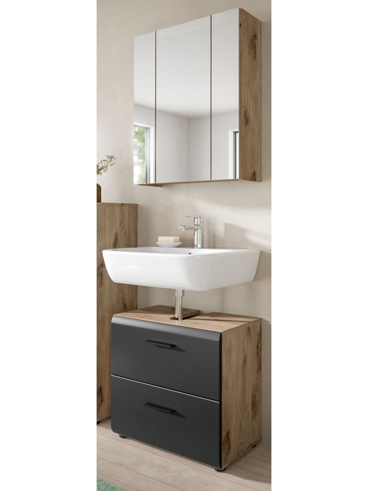 Badmöbel-Set 2-teilig schwarz matt, Eiche, Badkombination 60 x 185 cm