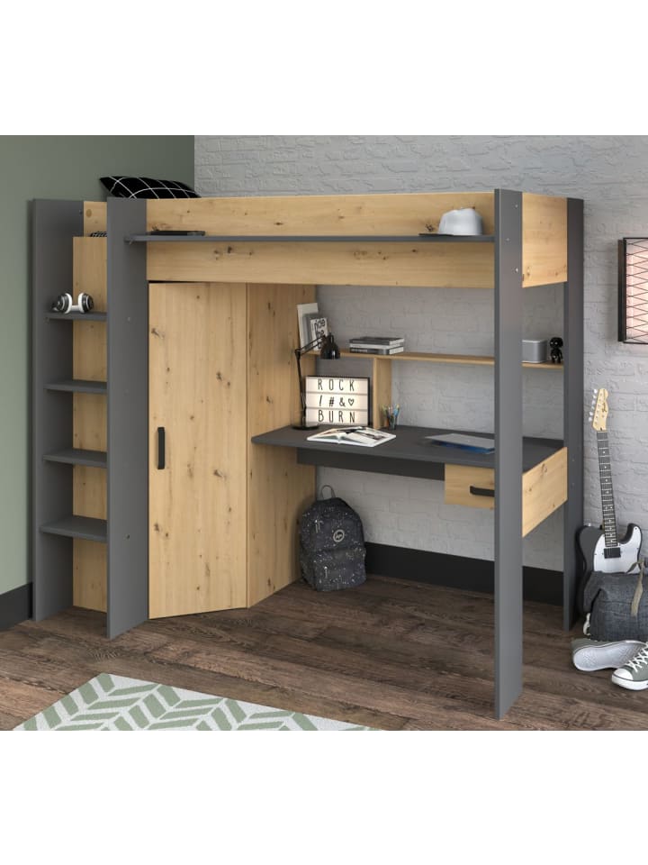 Hochbett mit Schreibtisch und Kleiderschrank Bett 90 x 200 cm