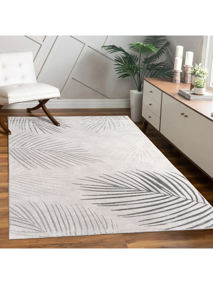 Teppich Kurzflor Blätter Wohnzimmer in Grau