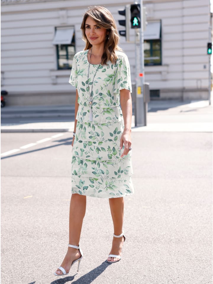 Druck-Kleid in weiß-eucalyptus-bedruckt