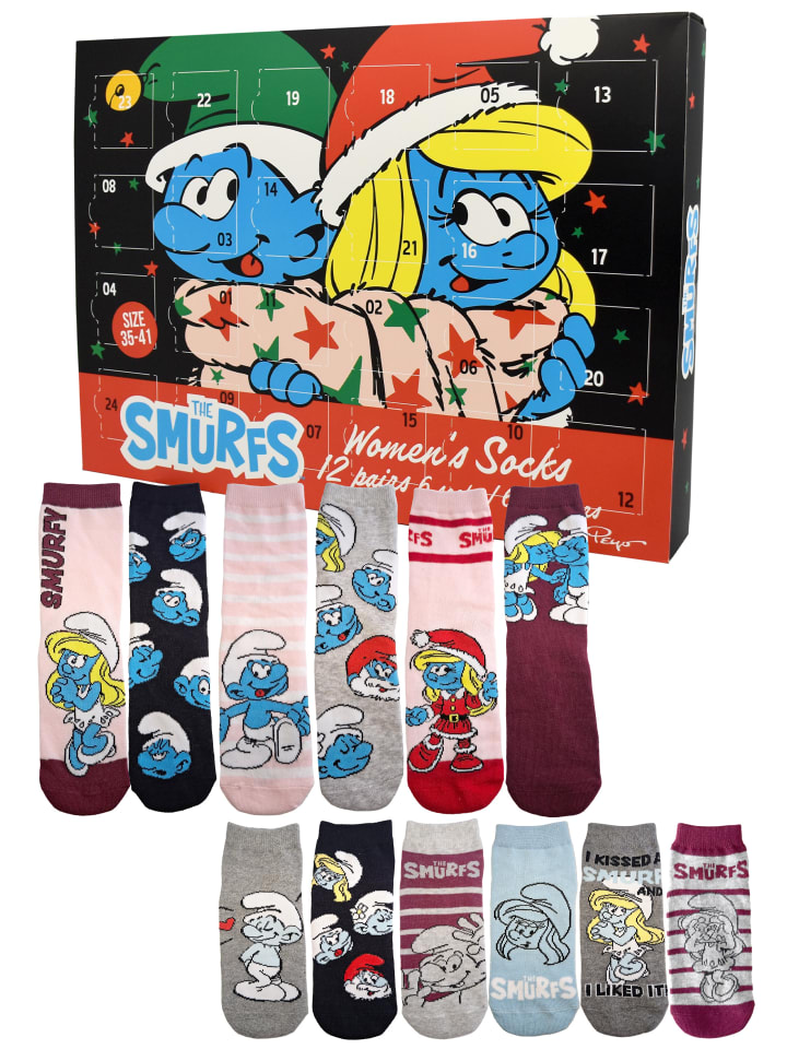 Die Schlümpfe Socken Adventskalender mit 12 Paar kurz und lang in Mehrfarbig