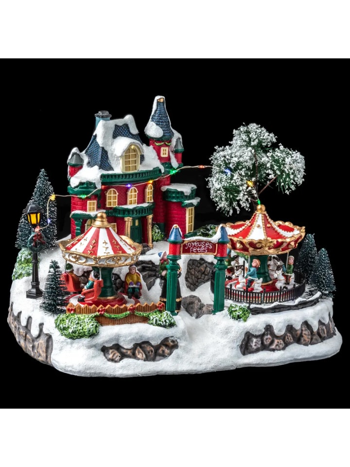 Weihnachtsdorf mit Karussell in Mehrfarben, 31,2 x 23,1 x 23,6 cm