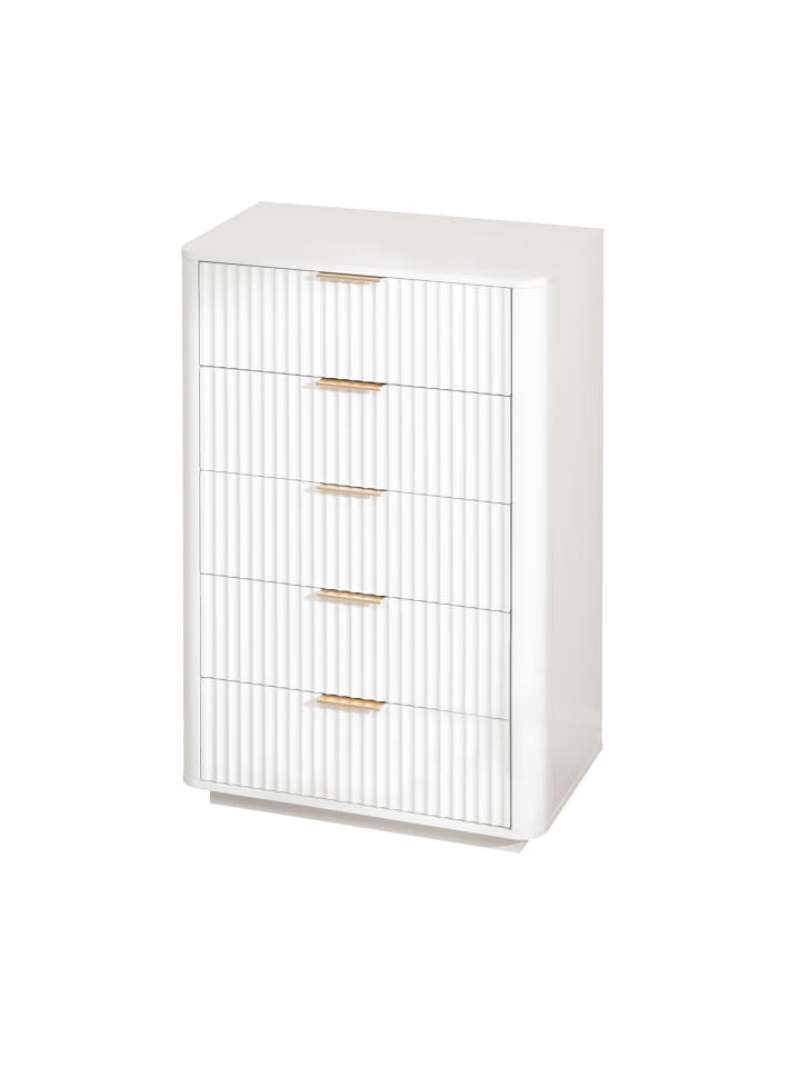 Kommode in Weiß mit 5 Schubladen Metallgriffen für Schlafzimmer