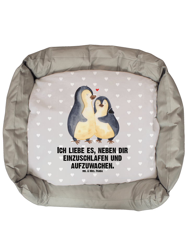 Hundekörbchen Pinguine Einschlafen mit Spruch in Grau Pastell