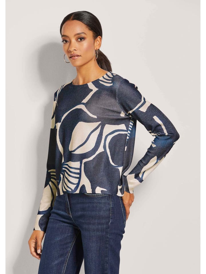 Kurzer Rundhals-Pullover mit Unikat-Print in marine / wollweiß