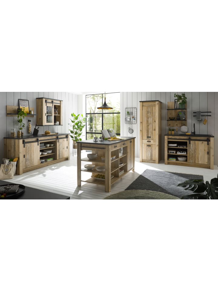 Küchen-Set Used Wood hell, anthrazit, Küchenschrank Set 7-teilig mit Kochinsel