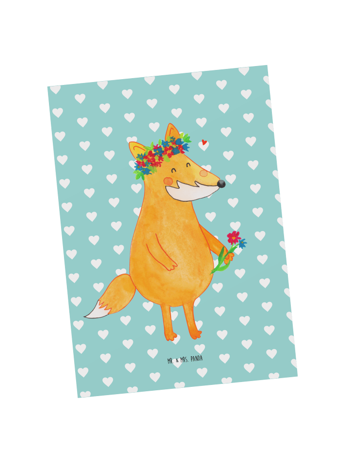 Postkarte Fuchs Blumen ohne Spruch in Türkis Pastell