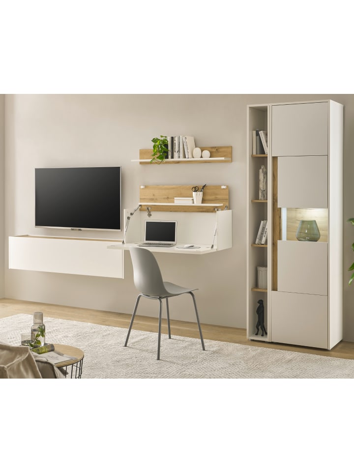 Wohnwand weiß, Eiche Wotan 5-teilig 340 cm, Komplettset mit Sekretär