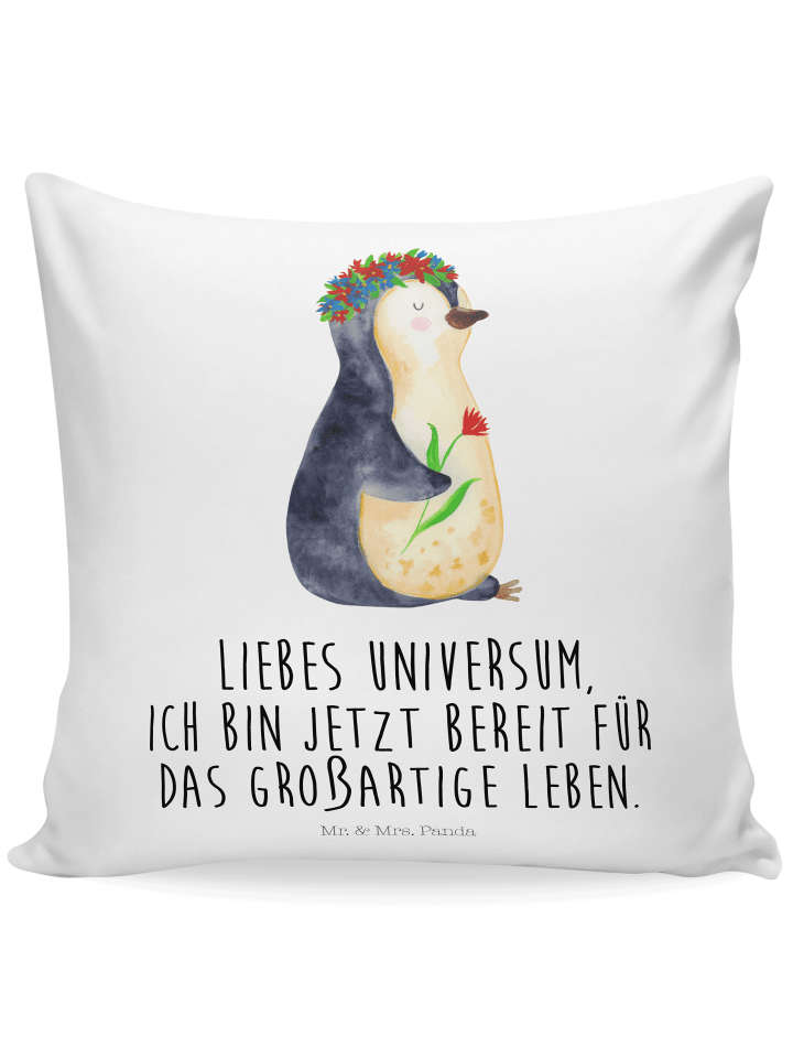 Kissen Pinguin Blumen mit Spruch in Weiß