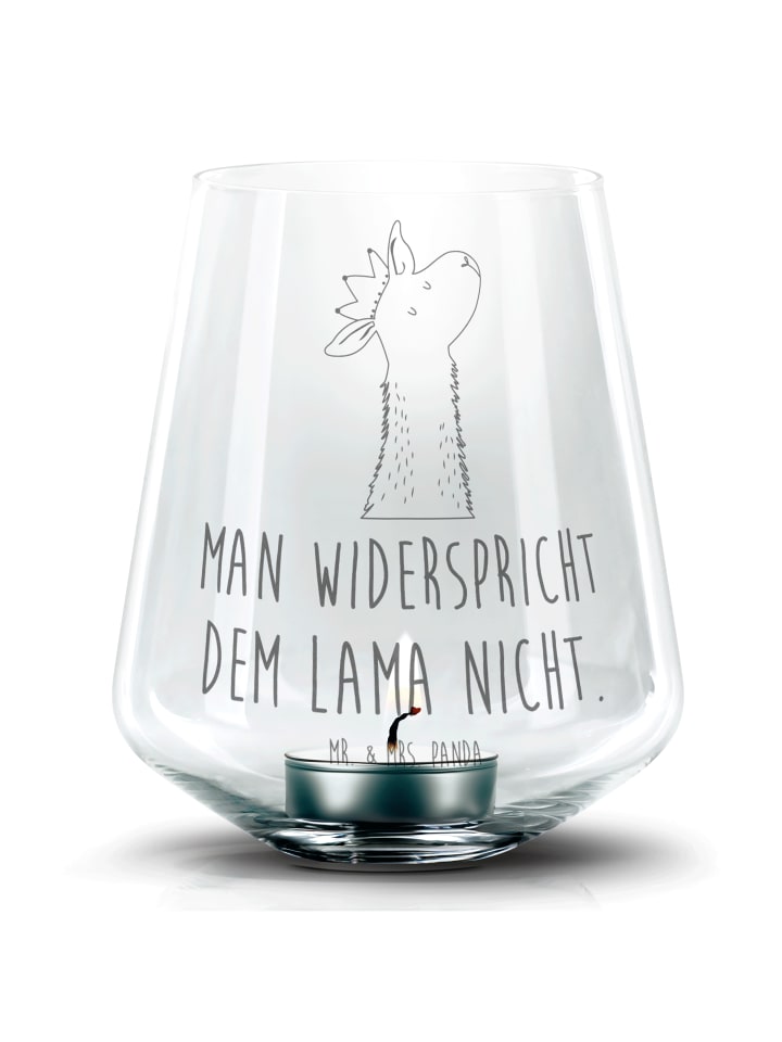 Teelichthalter Lamakopf König mit Spruch in Transparent