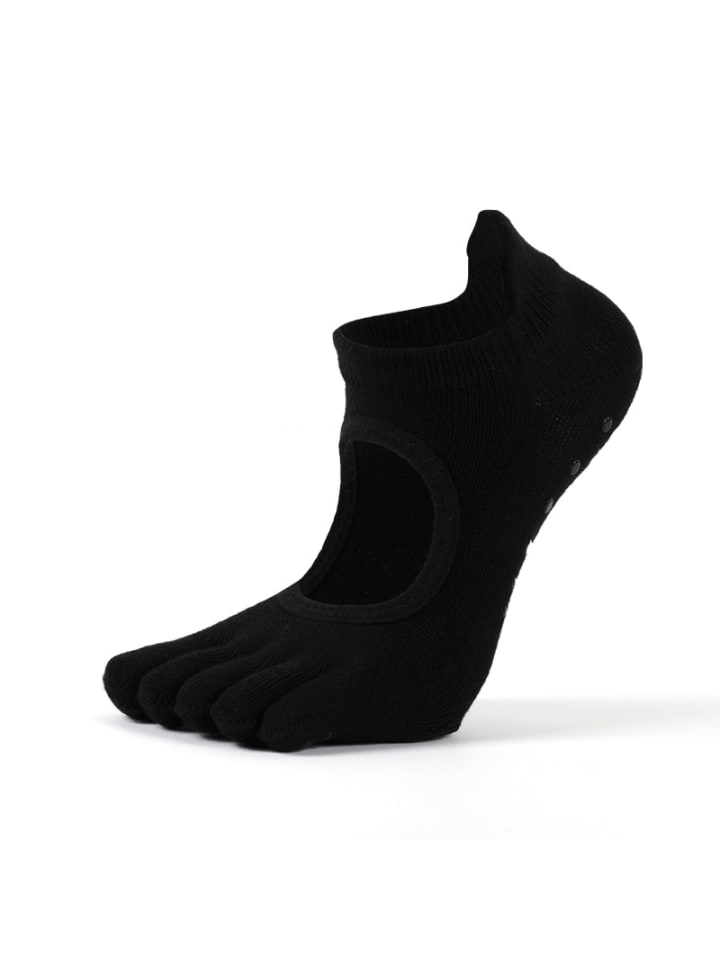 Yoga-/Pilates-Zehensocken mit Leder-Sohl in Schwarz

