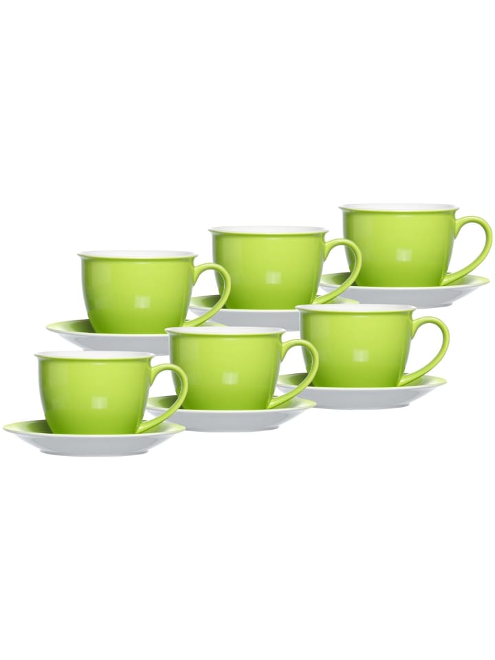 6er Set Milchkaffee Tassen mit Untertassen Doppio in Grün 350 ml