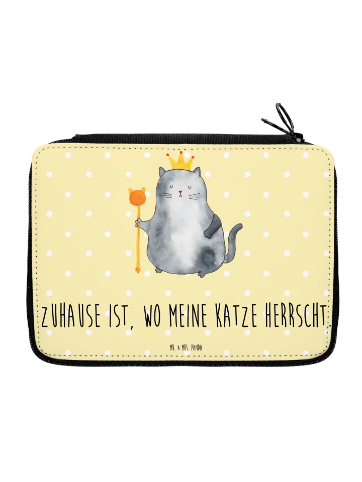 Federmäppchen Katze König mit Spruch in Gelb Pastell
