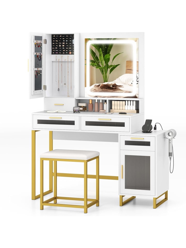 Schminktisch mit LED-Beleuchtung 112 x 39,5 x 145 cm in Weiß