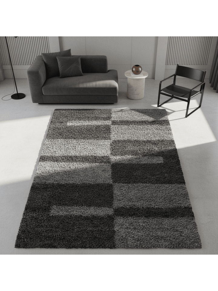 Teppich Hochflor Shaggy Waschbar Karo WERFEN Strapazierfähig in Grau