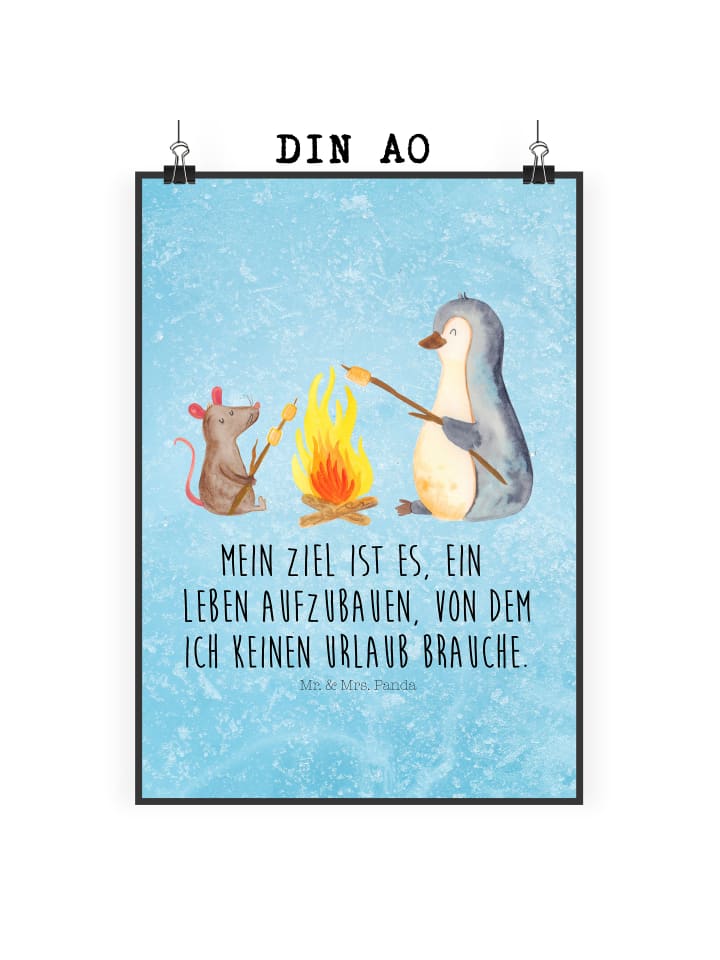 Wandbild Pinguin Lagerfeuer mit Spruch in Eisblau