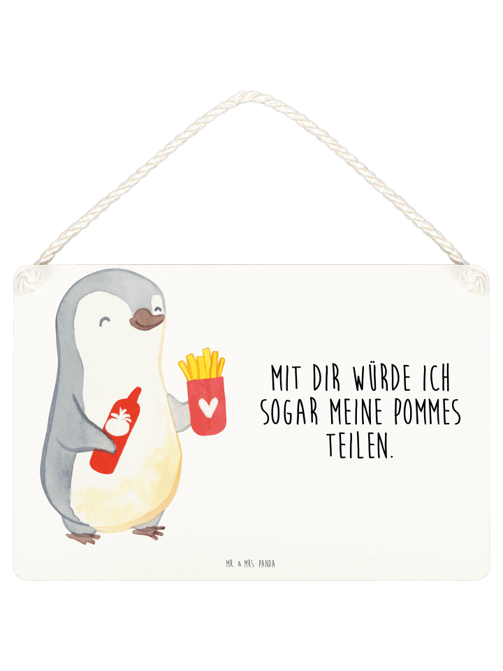 Deko Schild Pinguin Pommes mit Spruch in Weiß