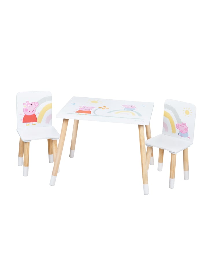 Peppa Pig Sitzgruppe, Tisch & 2 Stühle, Holz weiß/natur, rosa Motiv