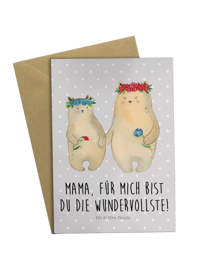 Grußkarte Bären mit Blumenkranz mit Spruch in Grau Pastell