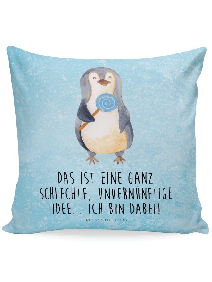 Kissen Pinguin Lolli mit Spruch in Eisblau