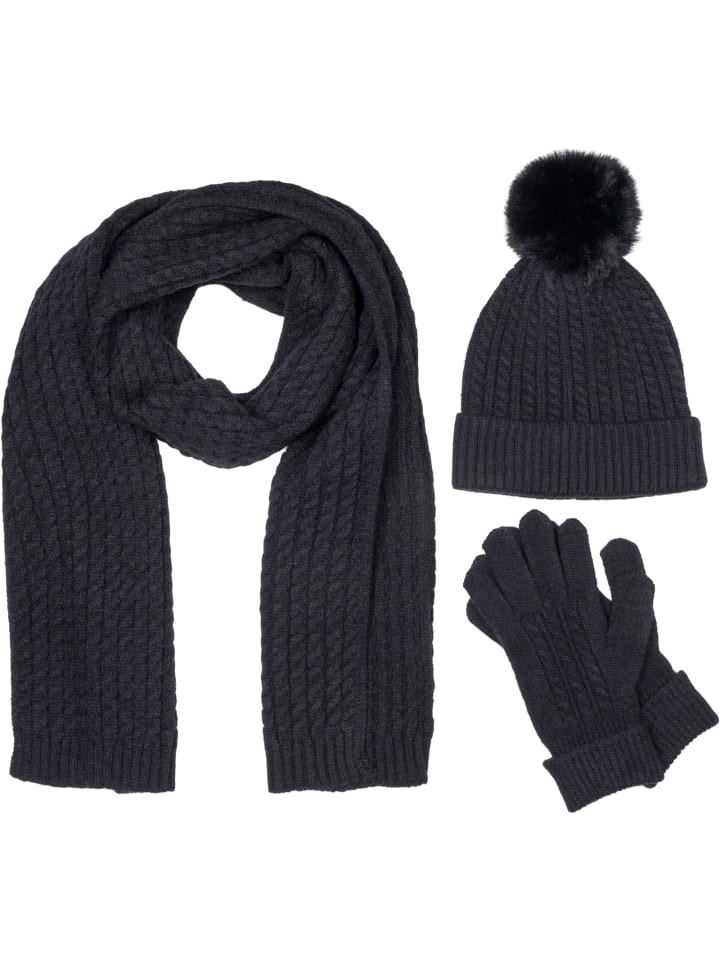 3-Teiliges Set Schal, Mütze, Handschuhe in Schwarz