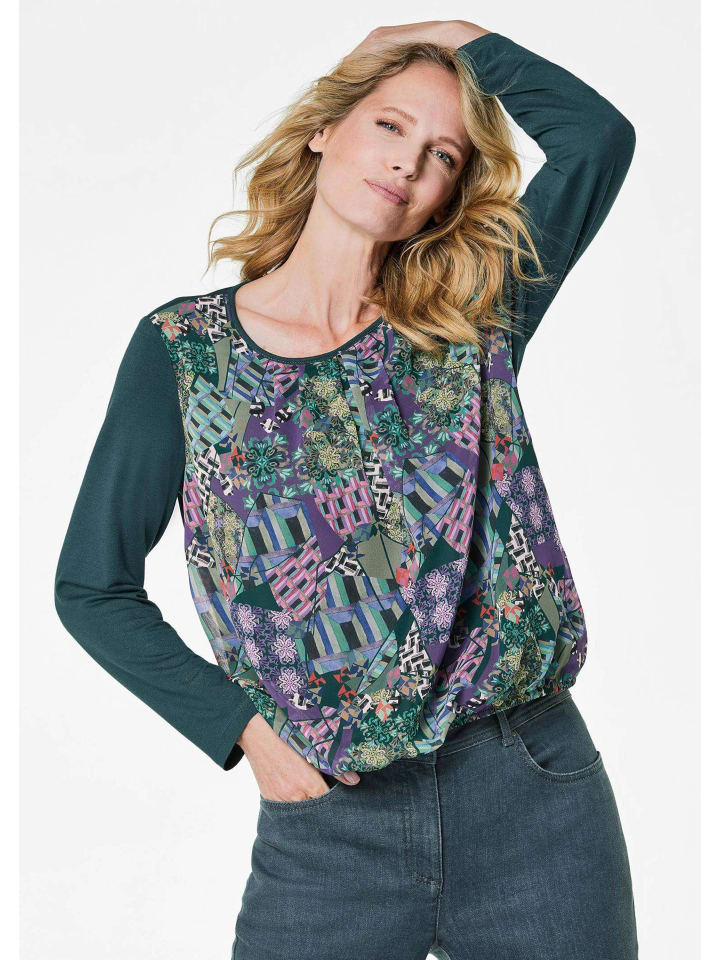 Kurzgröße: Langarm Chiffonbluse mit Patch-Druck in dunkelgrün / gemustert