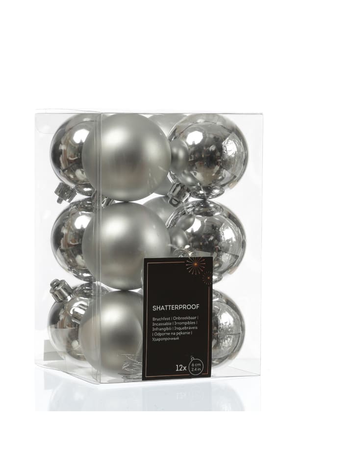 12er Set Weihnachtskugeln bruchfest D: 6cm Baumkugeln in silber