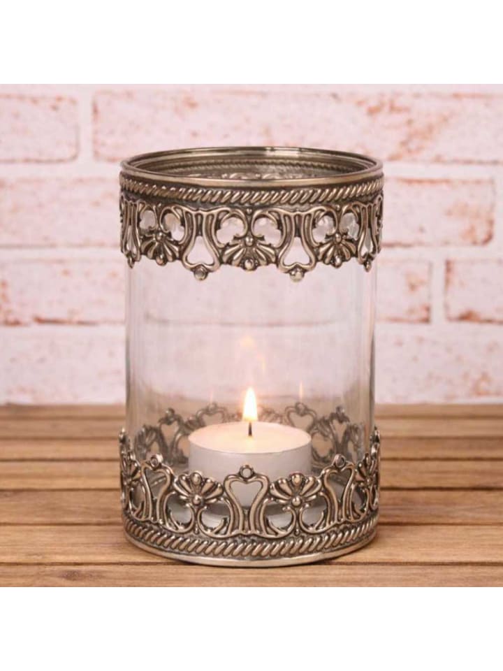Teelichthalter AMALFI Glas mit Metall Verzierungen 10x15 cm