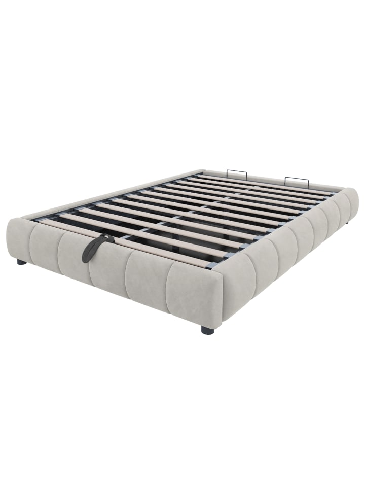 Einzelbett 140 x 200 cm Schwebebettrahmen mit Stauraum und LED Lichtleiste, Beige