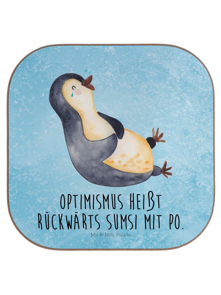 Glas-Untersetzer Pinguin Lachen mit Spruch in Eisblau