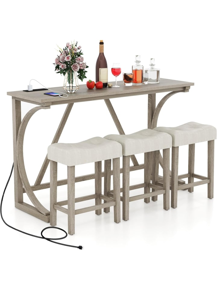 Bartisch Set Massivholz mit 3er Set Barhocker in Beige