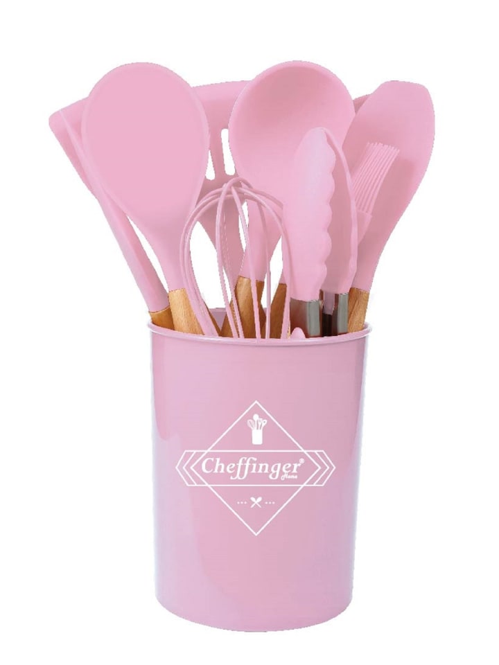 12-tlg Küchenhelfer-Set mit Holzgriffen in Pink