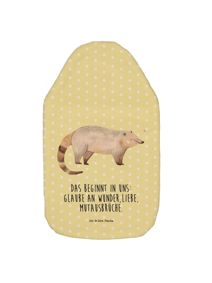 Wärmflasche Nasenbär mit Spruch in Gelb Pastell