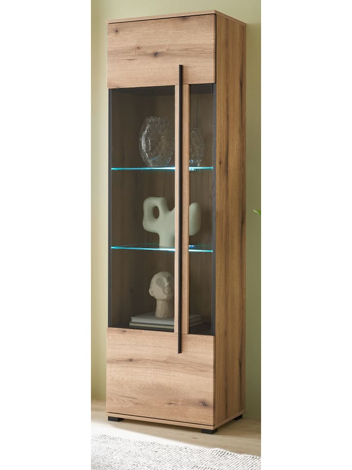 Vitrine Eiche Evoke, Vitrinenschrank 60 cm, Glas grau