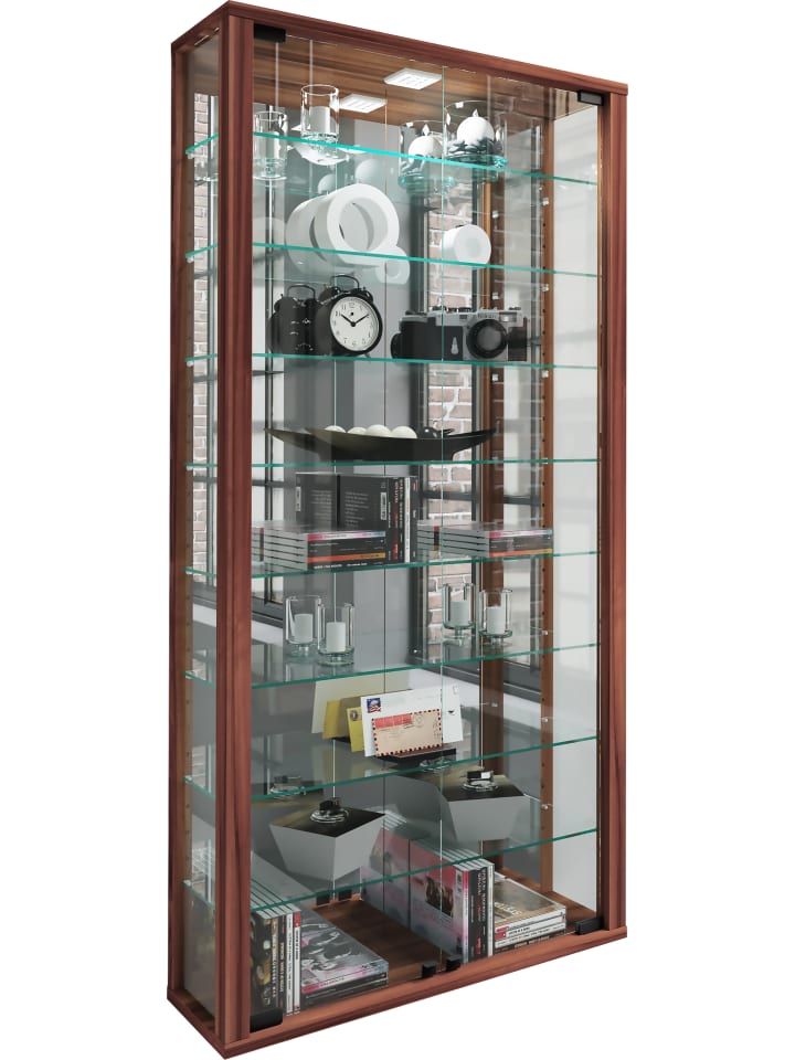Wandvitrine Glasvitrine Vitrosa Maxi Spiegel in Kern-Nussbaum