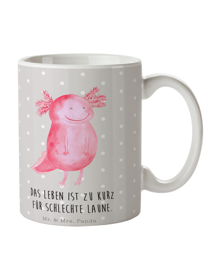 Keramiktasse Axolotl Glücklich mit Spruch in Grau Pastell