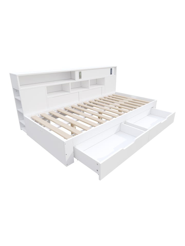 Doppelbett in Weiß 140x200 cm mit Schubladen Regalen und Bettkasten