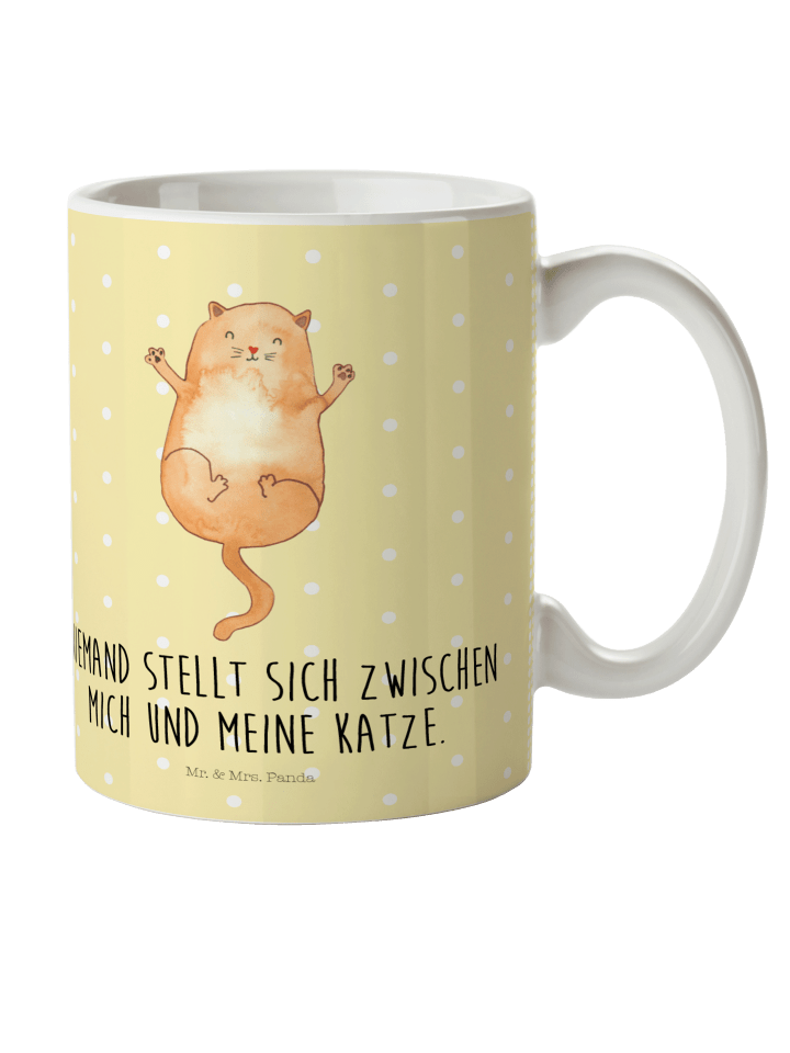 Kindertasse Katze Umarmen mit Spruch in Gelb Pastell