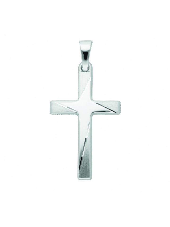 Damen & Herren 585 Weißgold Kreuz Anhänger in silber