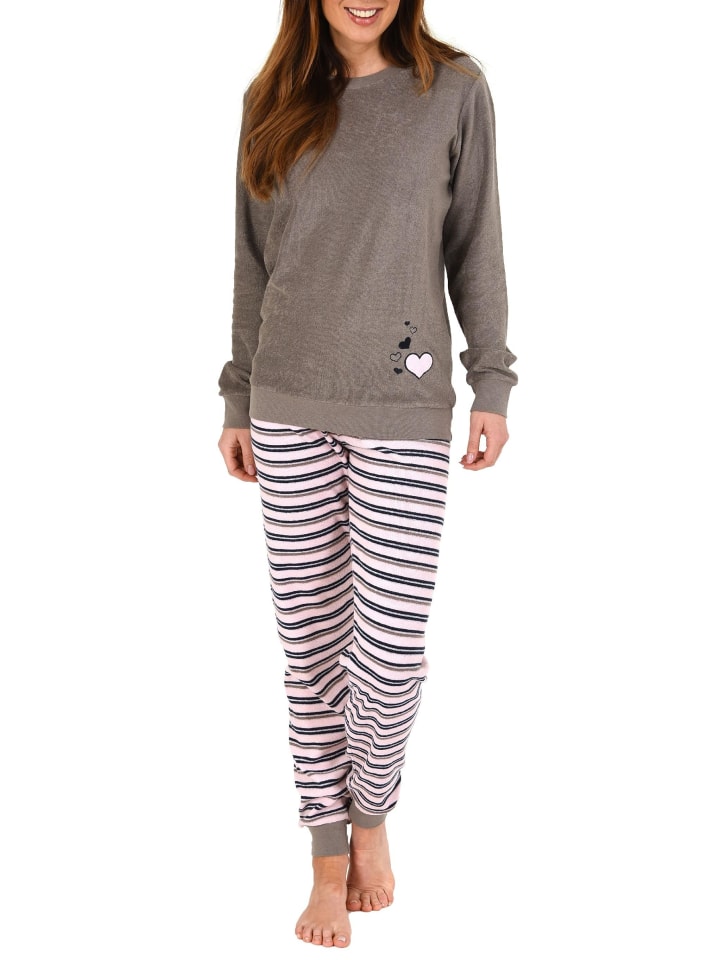 Frottee Pyjama Schlafanzug Bündchen und Herz - 49916 in grau