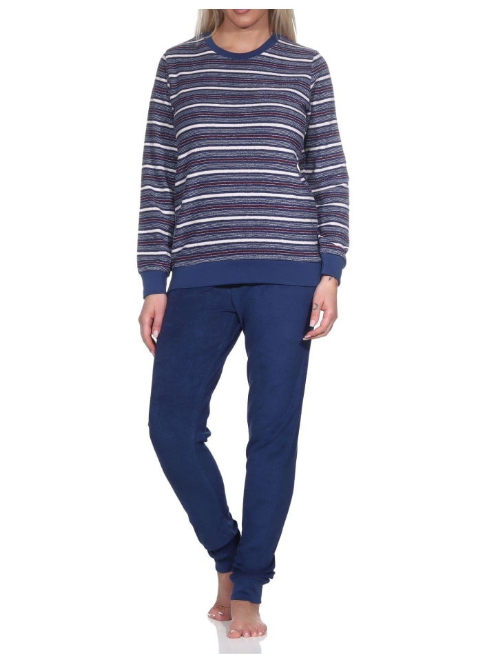 Frottee Schlafanzug langarm Pyjama Bündchen - 82769 in navy