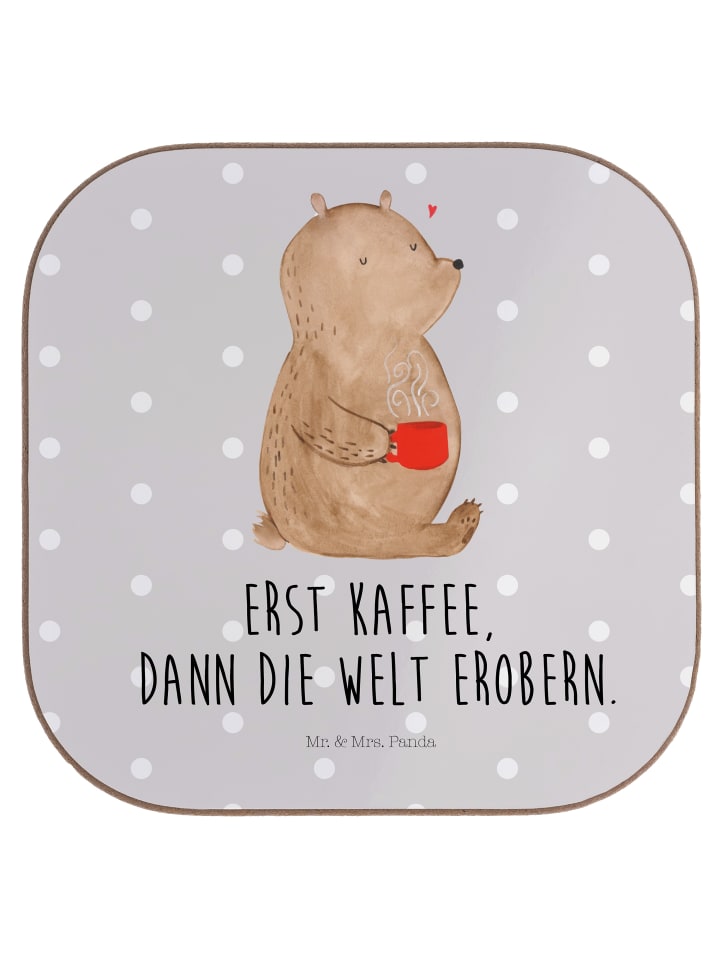 Untersetzer Bär Kaffee mit Spruch in Grau Pastell