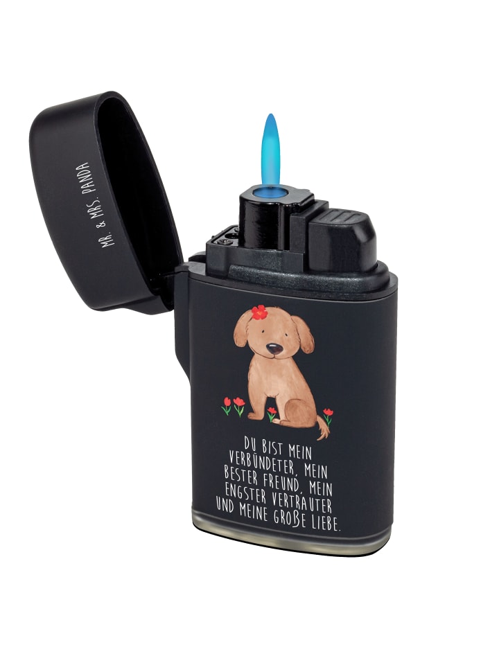 Sturmfeuerzeug Hund Dame mit Spruch in Schwarz